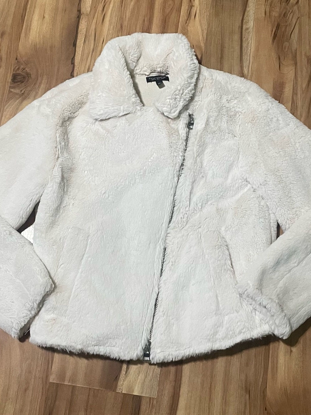 Topshop Fuzzy Shearling Style Biker Jacket Ivory/Beige Full Zip Women's Size 2